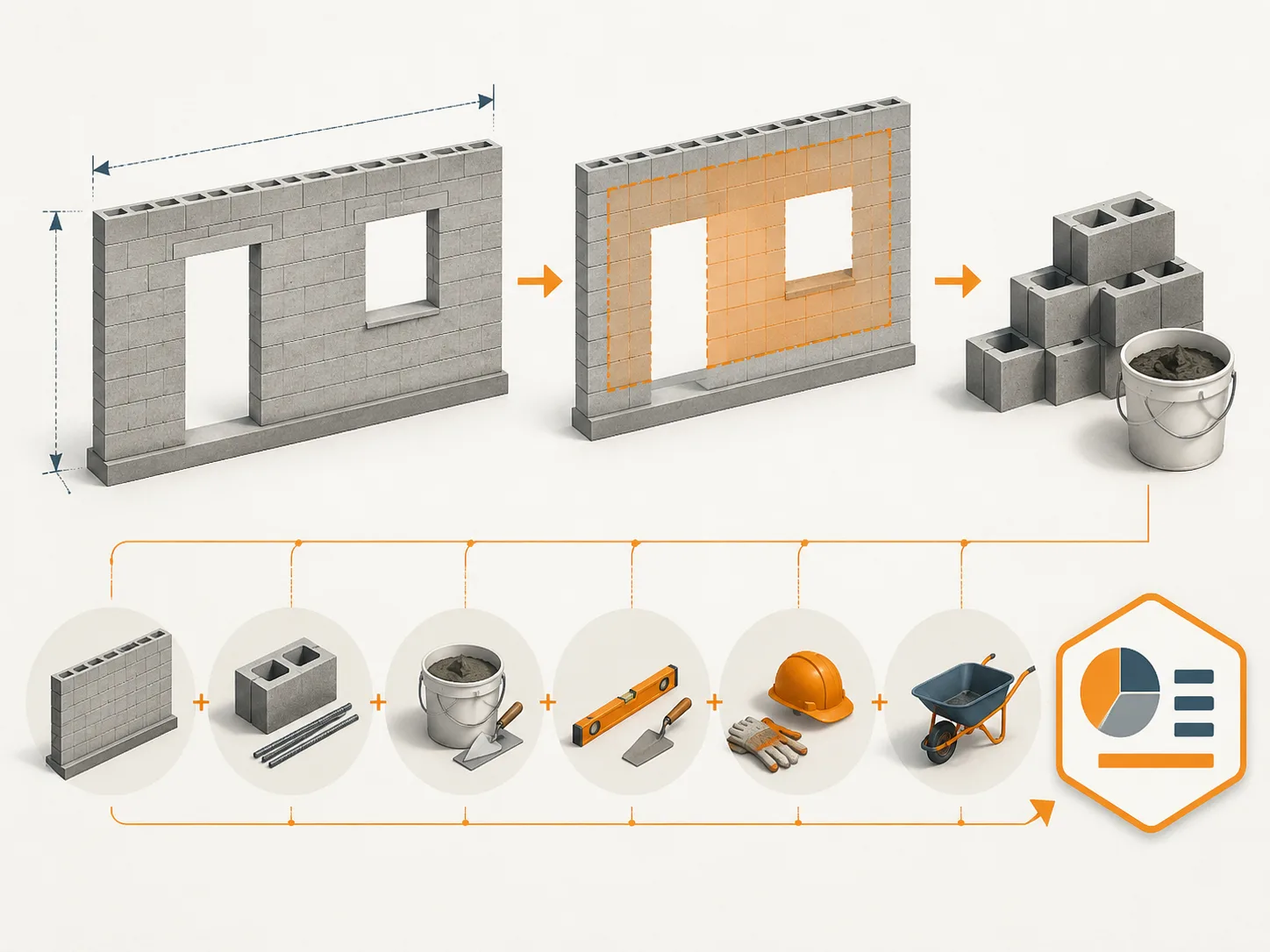 Concrete block wall cost build-up showing dimensions, opening deductions, blocks, mortar, optional grout, labor tools, and installed cost.
